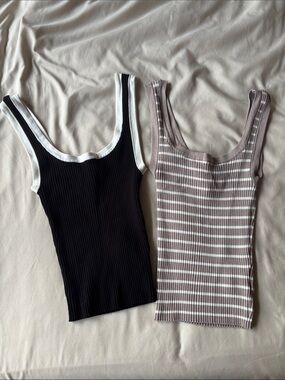 Ribbed Tank Top bundle - Black with White Trim / Taupe White Striped